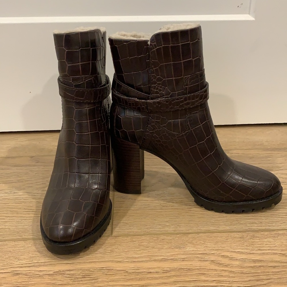 New Paige Croc Embossed Chocolate Booties, Size 9